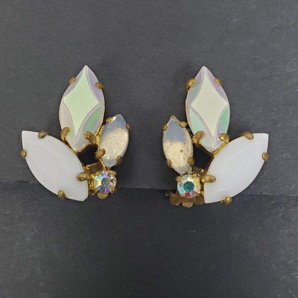 Vintage West Germany White Clear AB Crystal Rhinestone‎ Glass Clip On Earrings - Picture 7 of 12